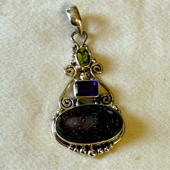Sterling Silver Druzy Pendant with Amethyst and PeridotStones